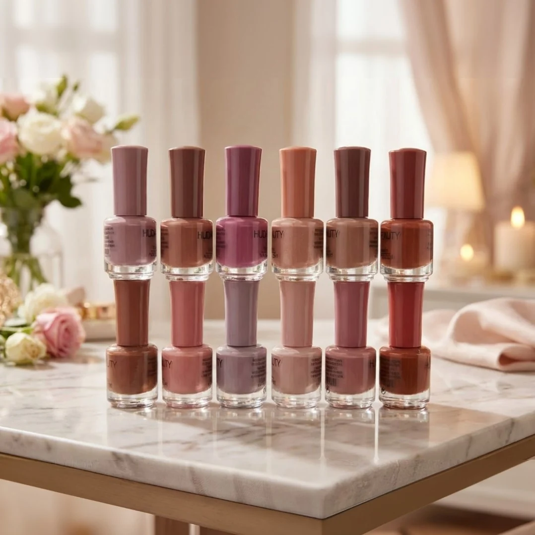 A row of nail polish bottles lined up on a marble table